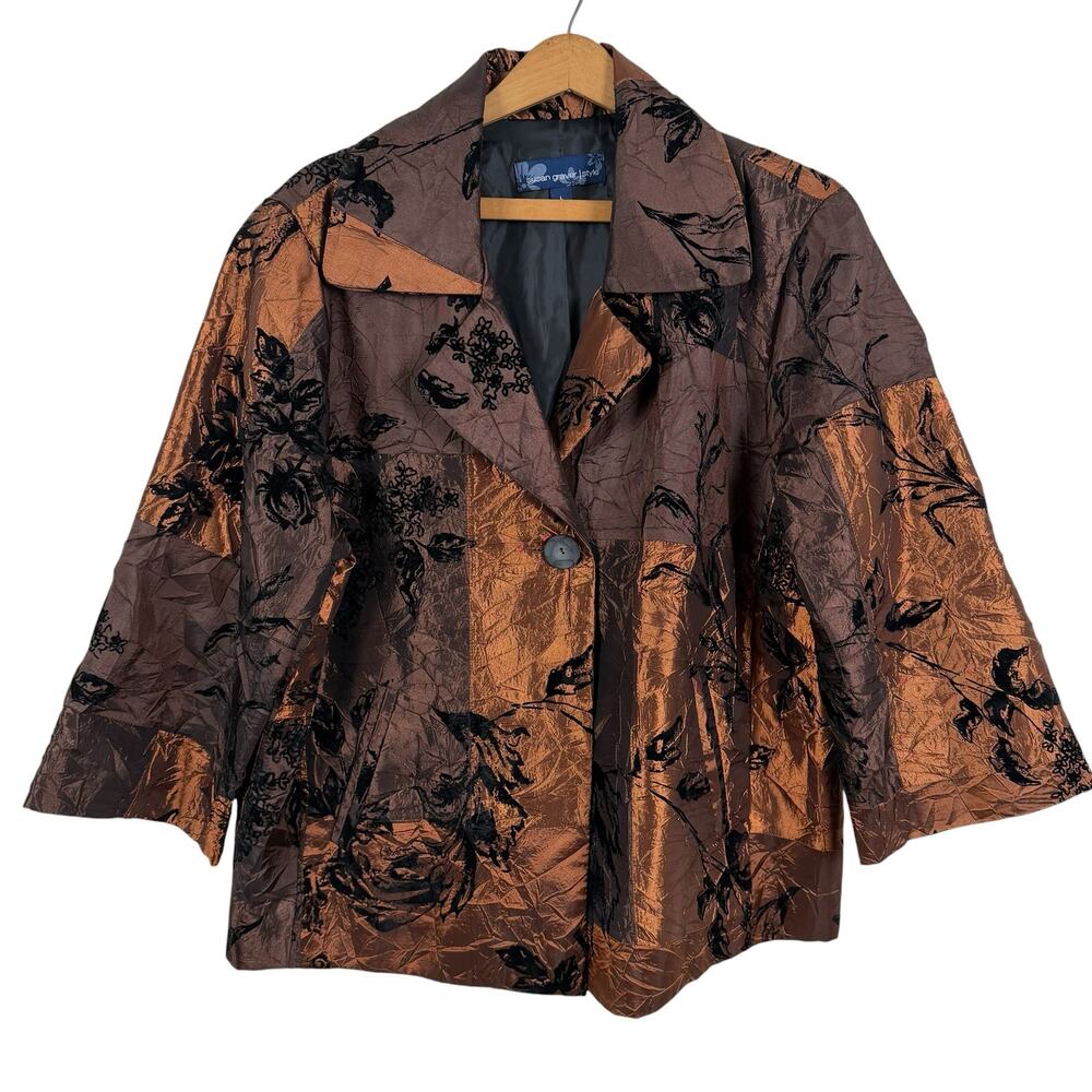 Susan Graver Style Women Patchwork Jacket Large Copper Velvet Floral Artsy Boho